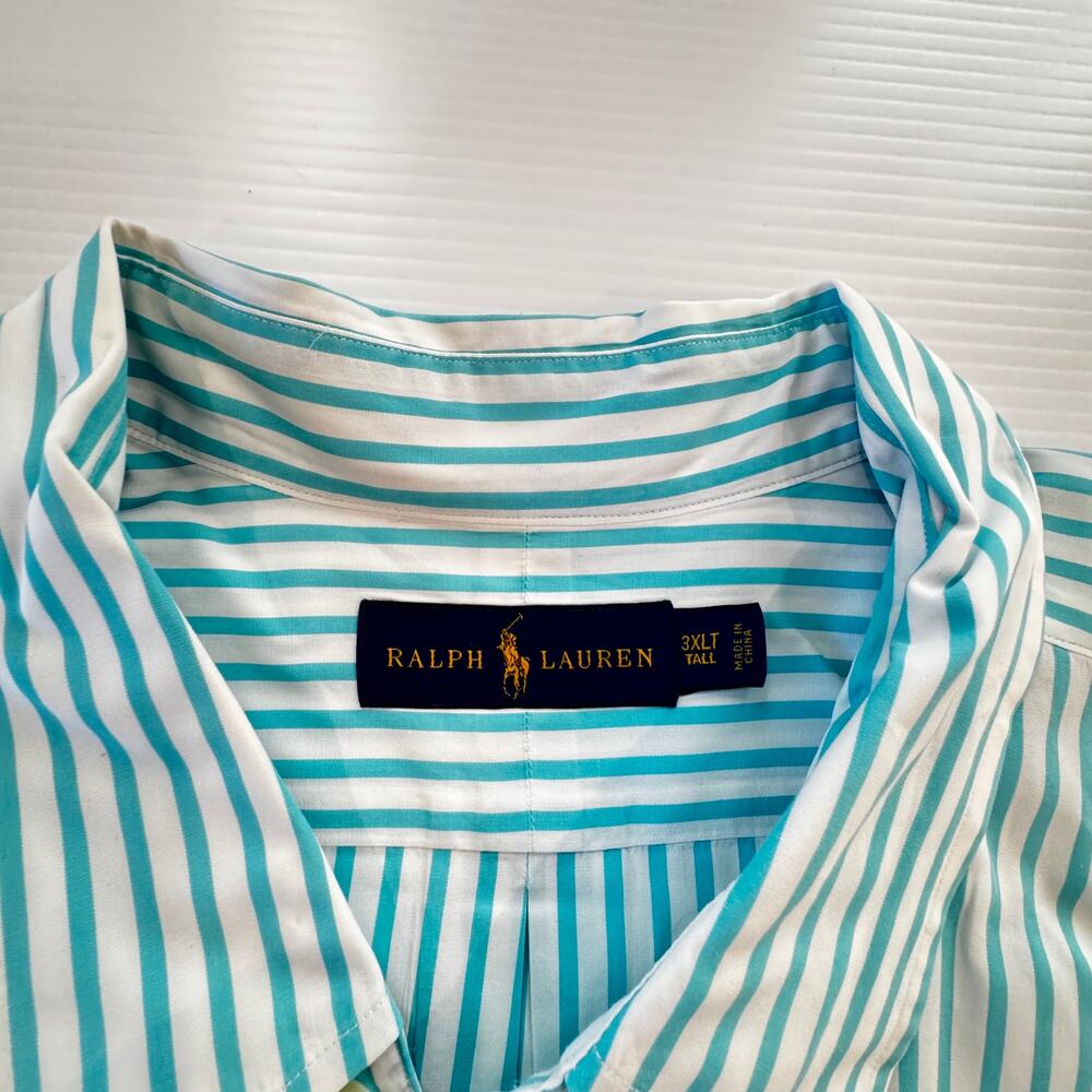 Ralph Lauren Men's 3XLT Tall Striped Button Down Shirt Turquoise White Cotton - Picture 4 of 16